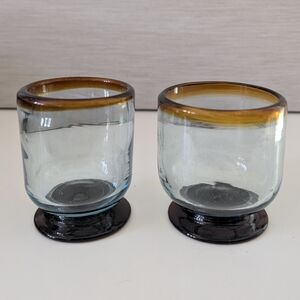 2 Drinking Glasses Handmade with Blue and Brown Accents Handmade Small Mexico